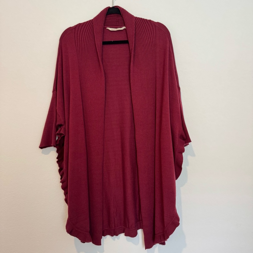 Soft Surroundings Maroon Short Sleeve Ruffled Open Cardigan